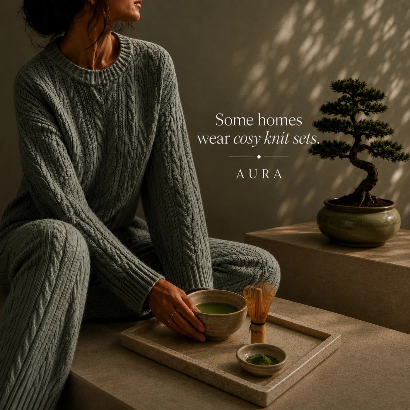 Aura Calliopi Scents γυναίκα με πλεκτό σύνολο