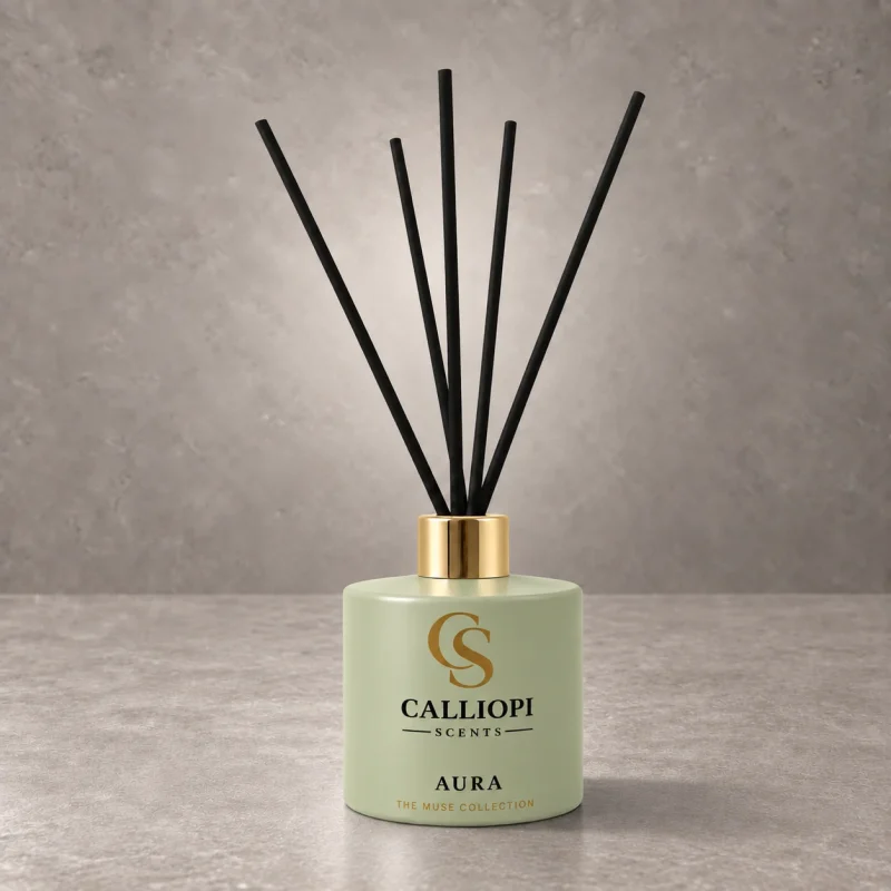 reed diffuser Aura Calliopi Scents εμπρόσθια λήψη με reeds