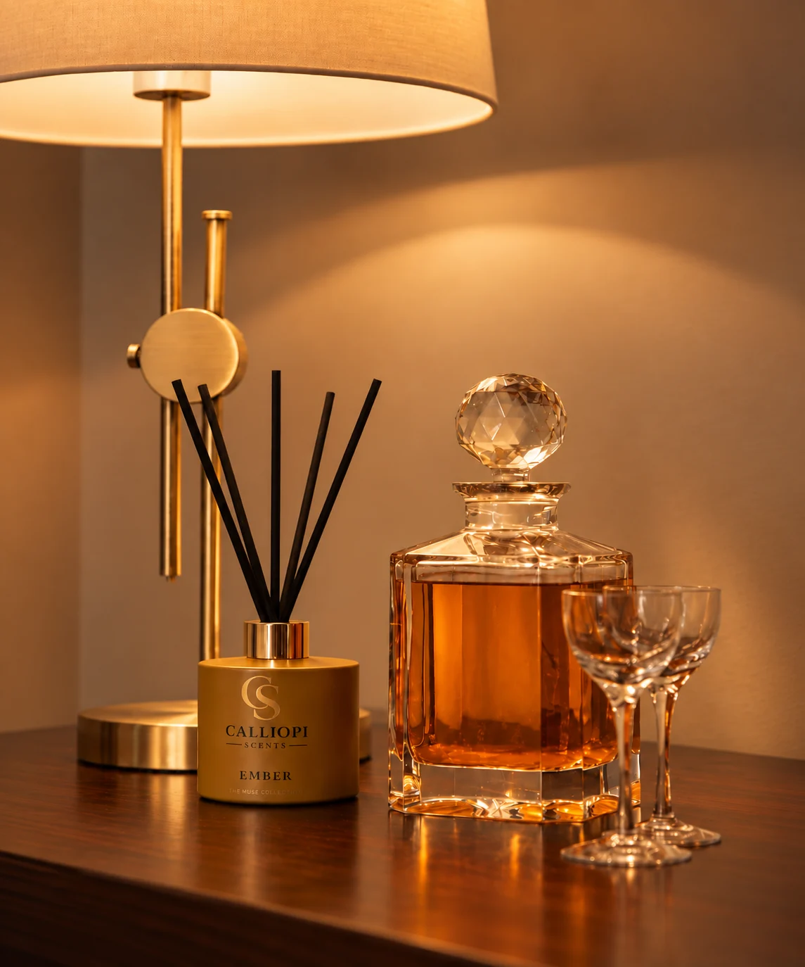 reed diffuser Ember Calliopi Scents δίπλα σε κρυστάλινη καράφα