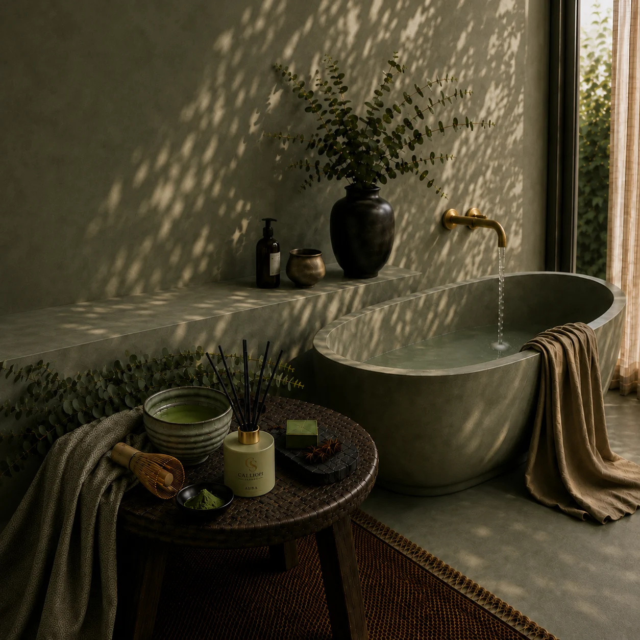 Reed diffuser Aura της Calliopi Scents σε μπάνιο σε editorial σύνθεση για την Muse Collection