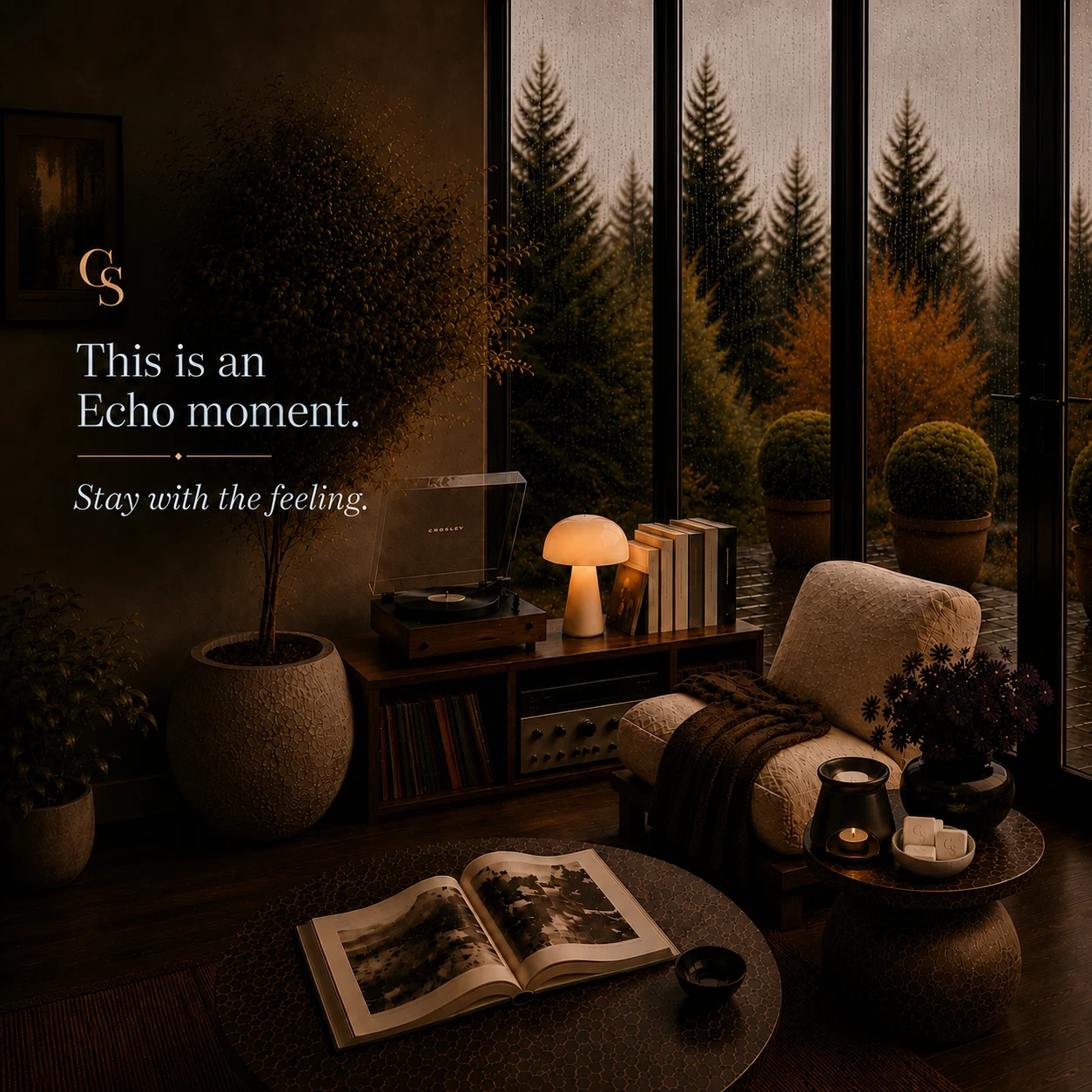 Echo αρωματικοί κύβοι της Calliope Scents σε δωμάτιο μουσικής με μουντό καιρό σε editorial σύνθεση για την Muse collection