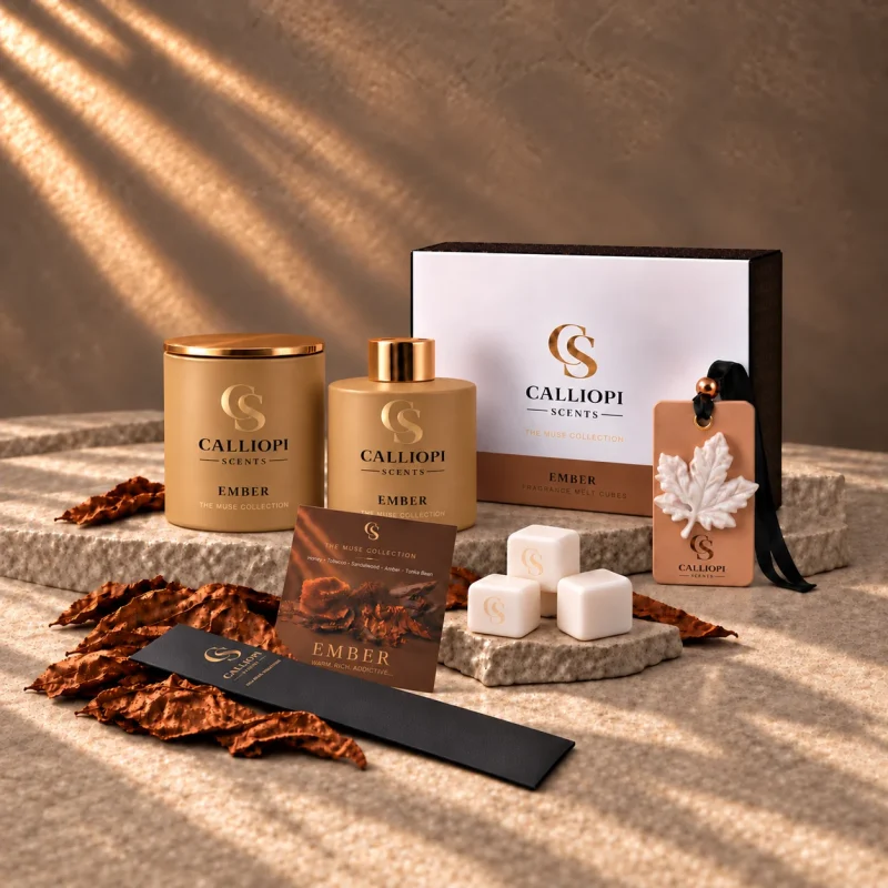 Ember Family Calliopi Scents , όλα τα προϊόντα του αρώματος κερί wax melts diffuser κασετίνα και αρωματική ταμπλέτα σε εμπρόσθια ληψη