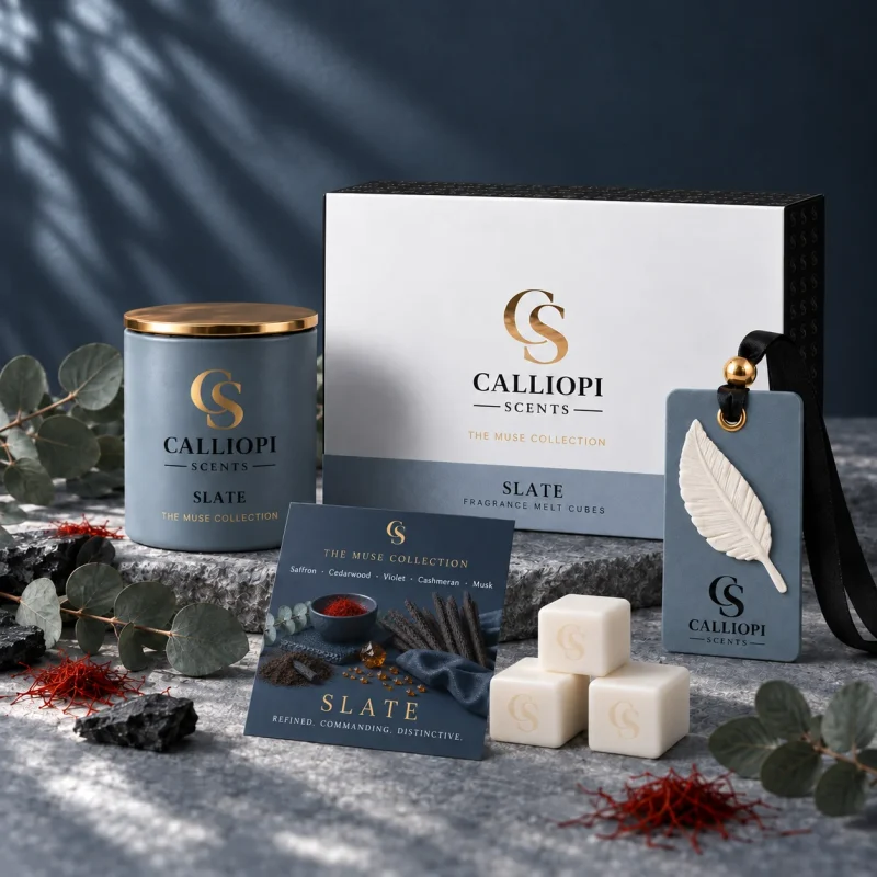 The Slate Family όλα τα προϊόντα του αρώματος , κερί wax melts και αρωματική ταμπλέτα