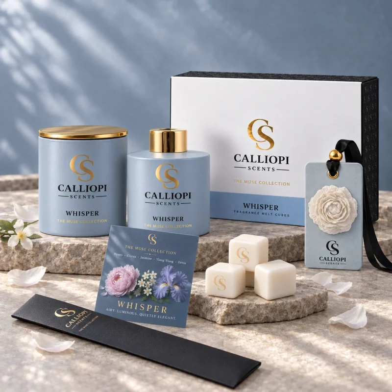 The Whisper Family ,όλα τα προιόντα του αρώματος, κερί , diffuser, wax melts και αρωματική ταμπλέτα με κάρτα αρώματος