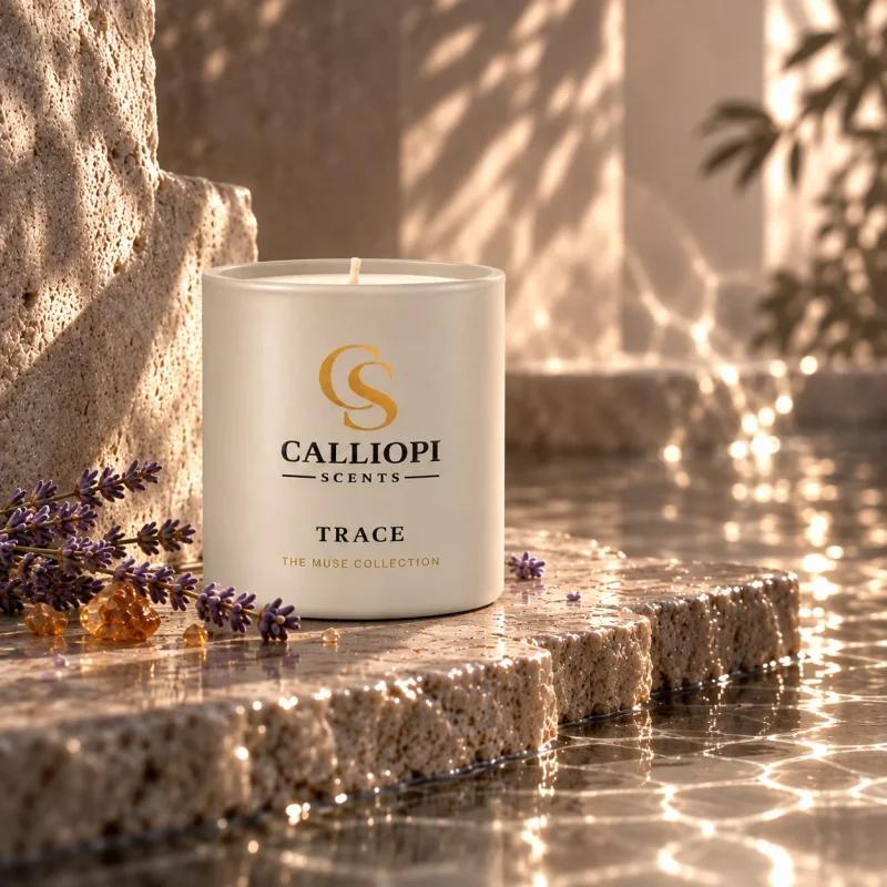 Trace αρωματικό κερί Calliopi Scents editorial λήψη σε πέτρα και νερό