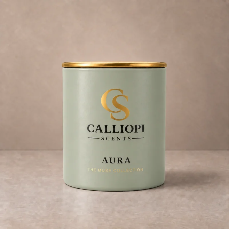 Αρωματικό κερί Aura Calliopi scents εμπρόσθια λήψη με χρυσό καπάκι